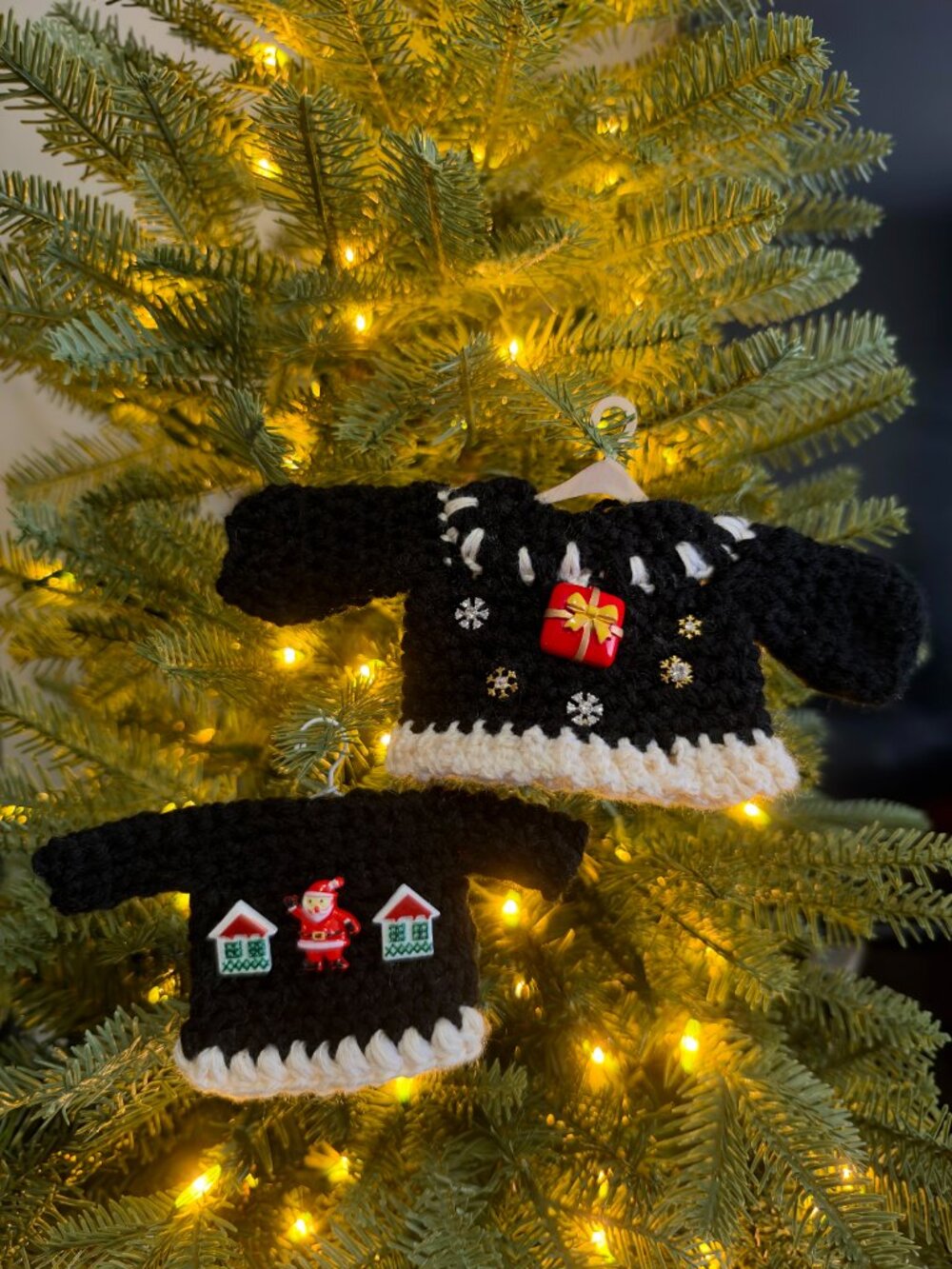 Handmade Crochet Ugly Christmas Sweaters Hanging Black White Ornaments Set of 2